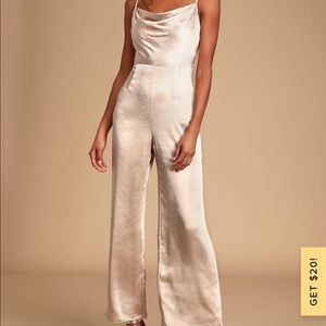 Lulu’s Perfect Night Champagne Satin Cowl Neck Culotte Jumpsuit